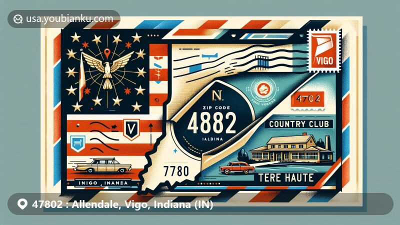 Modern illustration of Allendale, Vigo County, Indiana, with a vintage airmail envelope design and modern elements, featuring the Indiana state flag, Vigo County outline, and the Country Club of Terre Haute, embodying postal heritage and ZIP code 47802.