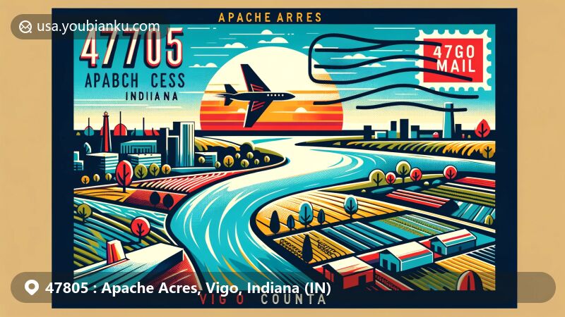 Modern illustration of Apache Acres in Vigo County, Indiana, portraying a postcard design featuring the Wabash River, intricate details of ZIP code 47805, and Indiana state symbols.