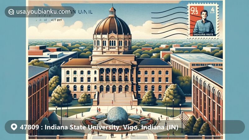 Modern illustration of Indiana State University in Terre Haute, Indiana, showcasing iconic Normal Hall and Fairbanks Hall, symbolizing academic heritage and dedication to the arts, set against a backdrop of natural beauty and downtown Terre Haute.