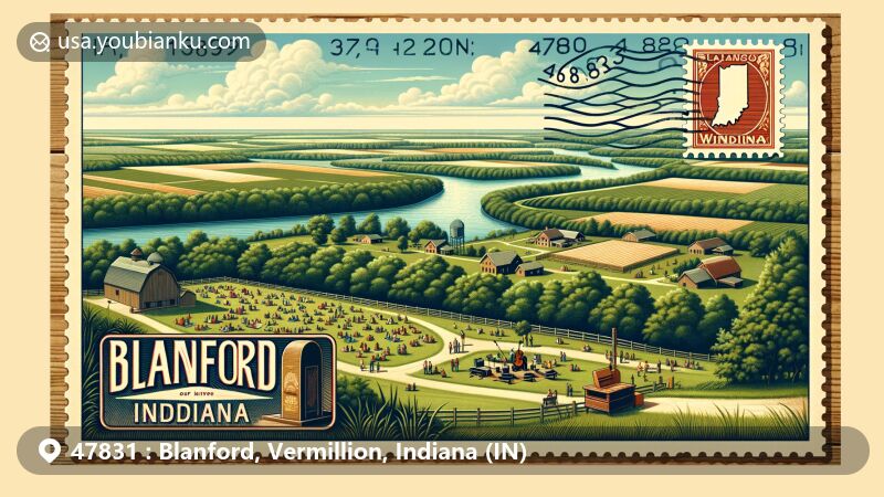 Modern illustration of Blanford, Indiana, capturing the essence of ZIP code 47831 with a postcard-style design. Features a summer music series in a local park, showcasing community spirit and natural beauty of the Wabash Valley.