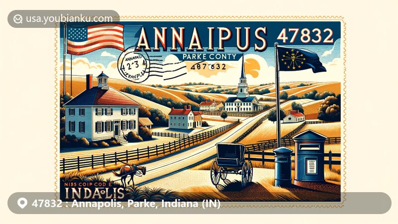 Vintage-style illustration of Annapolis, Parke County, Indiana, with ZIP code 47832, showcasing historical essence and geographical charm, featuring Penn Township's landscapes and architectural heritage.