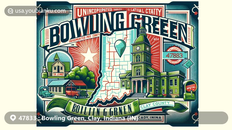 Vintage-style illustration of Bowling Green, Clay County, Indiana, capturing the essence of the unincorporated community and its historical significance as the county's original seat with postal theme and ZIP code 47833.