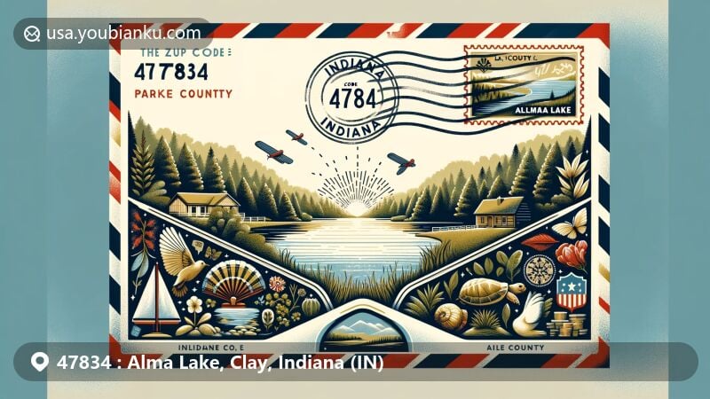 Modern illustration of Alma Lake, Parke County, Indiana, featuring vintage air mail envelope with postage stamp of Indiana state flag, showcasing local fauna and flora, and serene view of the lake.