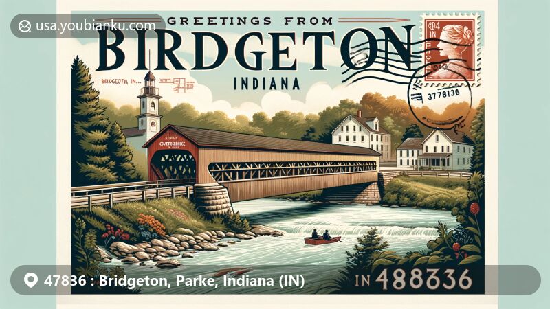 Modern illustration of Bridgeton, Parke County, Indiana, featuring iconic covered bridge and historic Bridgeton Mill, with vintage postage stamp and postal mark 'Bridgeton, IN 47836', and 'Greetings from Bridgeton, Indiana' in elegant handwriting.
