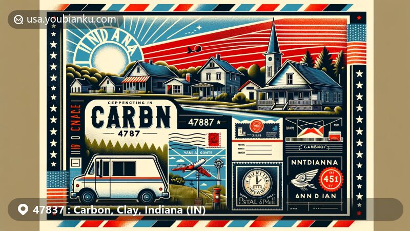 Modern illustration of Carbon, Clay County, Indiana, showcasing postal theme with ZIP code 47837, featuring rural charm of Van Buren Township, Indiana state symbols, vintage postcard design, and subtle coal mining heritage references.