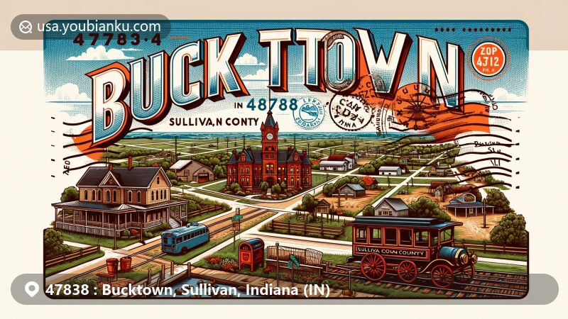 Modern illustration of Bucktown, Sullivan County, Indiana, featuring vintage postcard design with postal theme and local landmarks, including Sullivan County Courthouse and rural landscape.