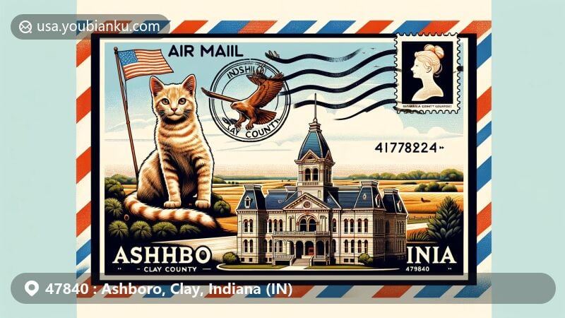 Modern illustration of Ashboro, Clay County, Indiana, featuring classical Clay County Courthouse, rural landscape, exotic feline from the nearby Exotic Feline Rescue Center, vintage air mail envelope with Indiana state flag stamp, and decorative postal marks.