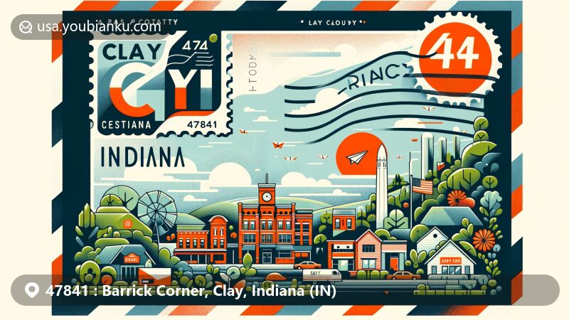 Modern illustration of Clay City, Indiana, highlighting ZIP code 47841 with a creatively designed postal element, featuring local historical buildings, flora, and community symbols, showcasing the town's heritage and community spirit.