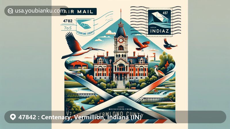 Modern illustration of Centenary, Vermillion County, Indiana, highlighting postal theme with ZIP code 47842, featuring Vermillion County Courthouse and nature elements like Wabash River and local wildlife.