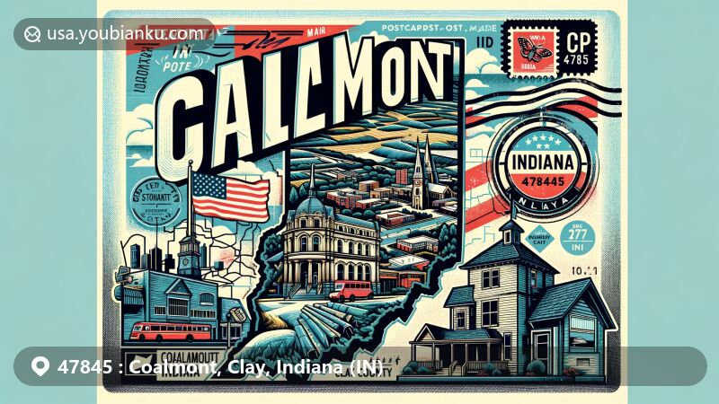 Modern illustration of Coalmont, Clay County, Indiana, showcasing ZIP code 47845 with vibrant colors and postal elements like a postage stamp and postmark, featuring cityscape, Clay County outline, and Indiana symbols.