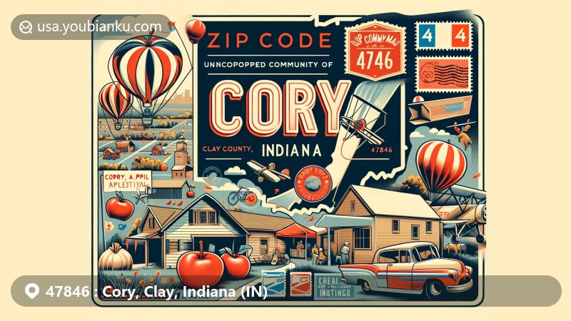 Creative illustration of Cory, Clay County, Indiana, capturing charm with ZIP code 47846, showcasing annual Apple Festival and postal motifs.