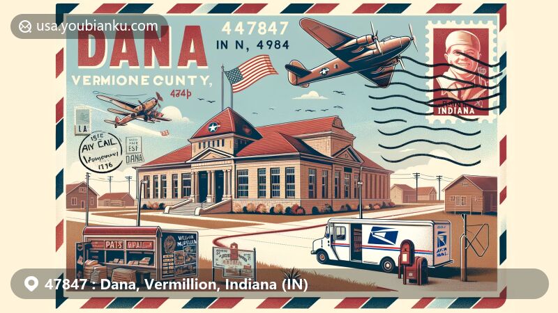 Modern illustration of Dana, Vermillion County, Indiana, featuring ZIP code 47847 in a postcard format with a depiction of Ernie Pyle WWII Museum, vintage postal elements, and a nod to local history.