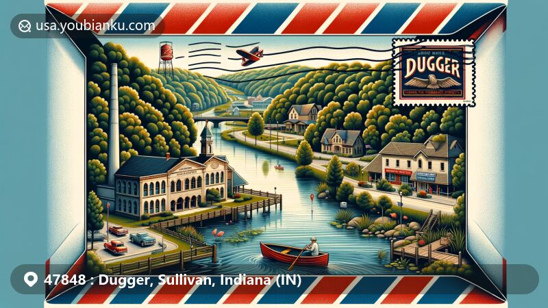 Modern illustration of Dugger, Sullivan County, Indiana, with a postal theme featuring ZIP code 47848, Dugger Coal Museum, Greene-Sullivan State Forest, Dugger Union Community School, and Indiana state flag.