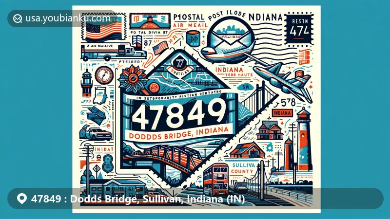 Modern illustration of Dodds Bridge, Sullivan County, Indiana, featuring postal theme with ZIP code 47849 and representative elements like the geographical outline of Sullivan County and potential landmarks.
