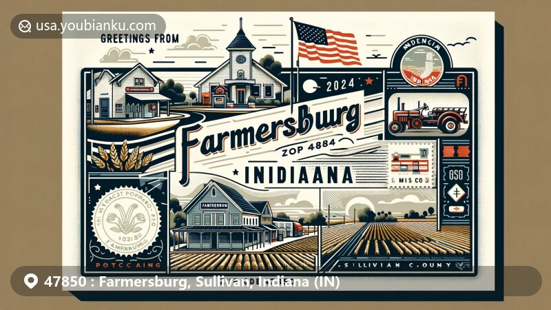 Modern illustration of Farmersburg, Sullivan County, Indiana, showcasing postal theme with ZIP code 47850, featuring local town street scene, post office, Indiana symbols, and decorative elements.