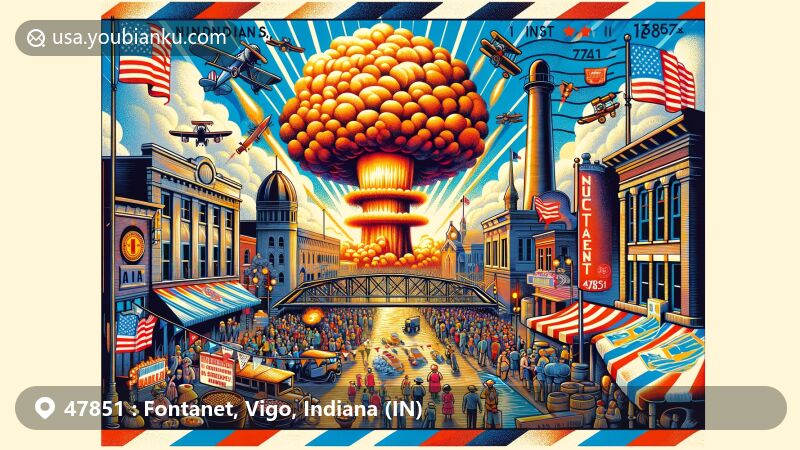 Creative illustration of Fontanet, Indiana, combining historical and modern elements with a postal theme, showcasing the 1907 DuPont Powder Mill explosion and the Annual Fontanet Bean Dinner Festival.