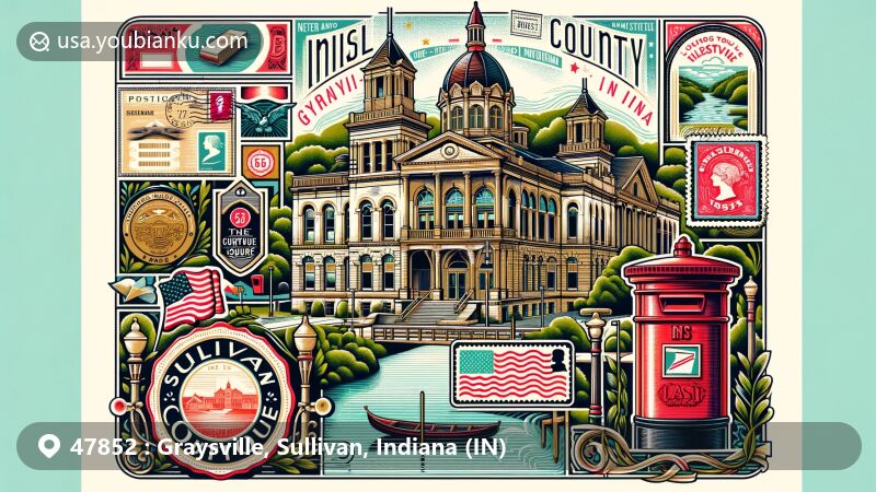 Illustration of Graysville, Sullivan County, Indiana, featuring Sullivan County Courthouse, Courthouse Square Historic District, and Shakamak State Park in a seamless blend of history, nature, and postal elements.