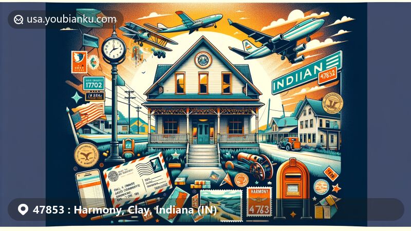 Modern illustration of Harmony, Clay County, Indiana, capturing the essence of a peaceful town with a rich history and close-knit community, featuring elements like a vintage postcard layout, stamps, postmark with ZIP code 47853, and a traditional mailbox.