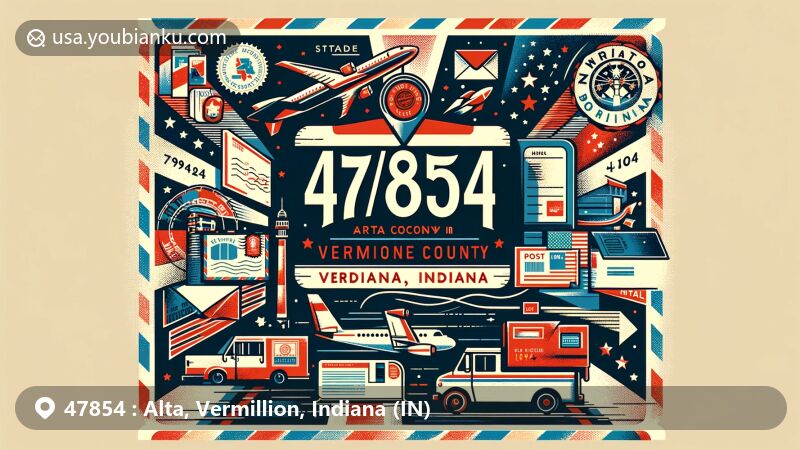 Modern illustration of Alta, Vermillion County, Indiana, showcasing postal theme with ZIP code 47854, featuring local landmarks and Indiana state symbols.