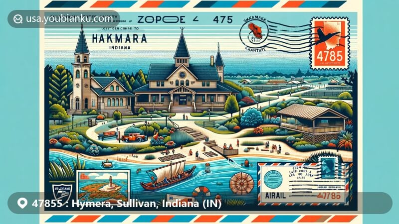 Modern illustration of Hymera, Indiana, capturing the essence of ZIP code 47855 with Shakamak State Park, local churches, and Sullivan County map. Postal theme features vintage air mail elements and coal mining history.