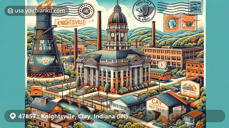 Modern illustration of Knightsville, Indiana, featuring a blend of historical iron furnace and modern town elements, alongside the Classical Revival style of Clay County Courthouse, set amidst lush Indiana landscape.