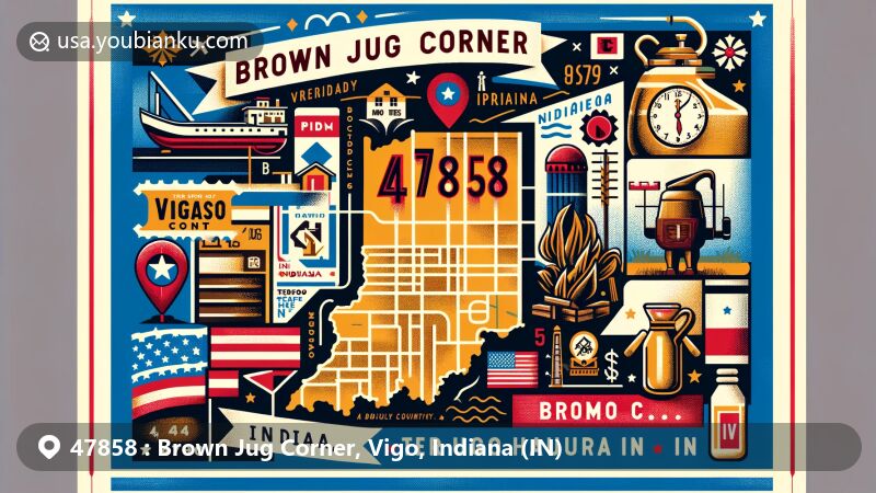 Modern illustration of Brown Jug Corner in Vigo County, Indiana, celebrating ZIP code 47858, showcasing local pride and identity with postal elements and historical references.