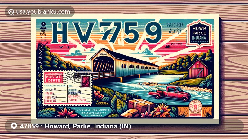 Modern illustration of the 47859 zip code area in Howard and Parke County, Indiana, highlighting Marshall Arch and covered bridges, with elements of Indiana's natural beauty and postal theme.