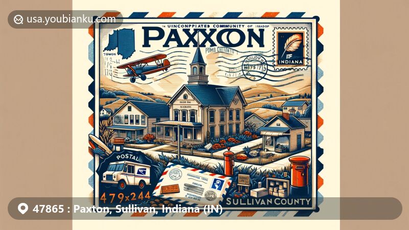 Modern illustration of Hogtown, Crawford County, Indiana, showcasing postal theme with ZIP code 47140, featuring Marengo Cave and Indiana state symbols.