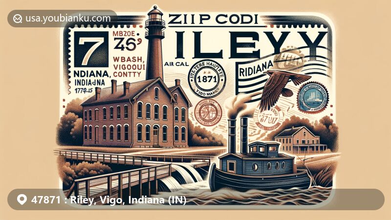 Modern illustration of Riley, Vigo County, Indiana, showcasing postal theme with ZIP code 47871, featuring Wabash and Erie Canal and rural essence of Riley, part of Terre Haute Metropolitan Statistical Area.