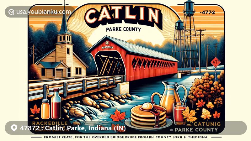 Modern illustration of Catlin Covered Bridge in Parke, Indiana, showcasing the historical landmark and the charm of Parke County with elements of the Maple Fair and a postal theme.