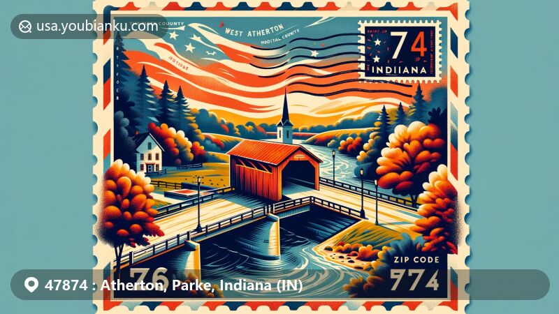 Modern illustration of Atherton and West Atherton, Parke and Vigo Counties, Indiana, featuring Parke County Covered Bridge Festival in autumn, county locations within Indiana, and postal theme with Indiana state flag, ZIP code 47874.