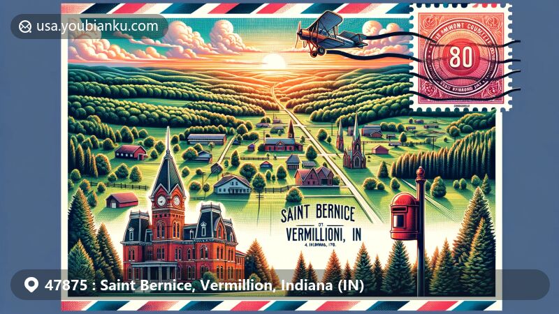 Modern illustration of Saint Bernice, Vermillion, Indiana, displaying lush greenery, rolling hills, and a vibrant sunset, featuring Vermillion County Courthouse, Salem Methodist Episcopal Church, red postal postbox, and postal stamp with '47875'.