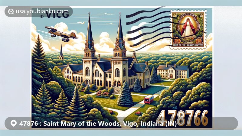 Vivid depiction of ZIP code 47876 area in Saint Mary of the Woods, Vigo, Indiana, featuring Saint Mary-of-the-Woods College, Church of the Immaculate Conception, and serene natural ambiance with vintage air mail envelope displaying ZIP code stamp and iconic Shrine of Saint Mother Theodore Guerin.