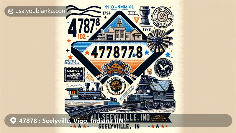 Graphic illustration of Seelyville, Vigo County, Indiana, highlighting local history and landmarks within an airmail envelope frame, including Woodsmills heritage, McKeen coal shaft, LaVern Gibson Cross Country Course, and postal symbols.