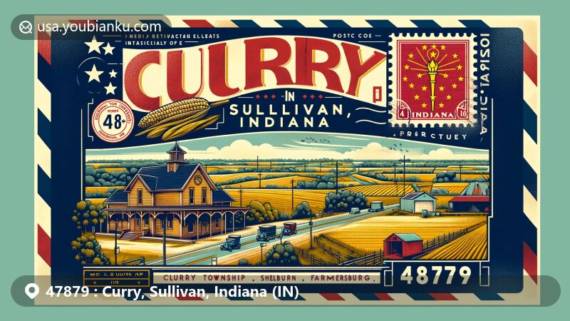 Modern illustration of Curry, Sullivan, Indiana, showcasing postal theme with ZIP code 47879, featuring vintage airmail envelope, rural landscape, towns of Shelburn and Farmersburg, Indiana state flag stamp, and postmark.