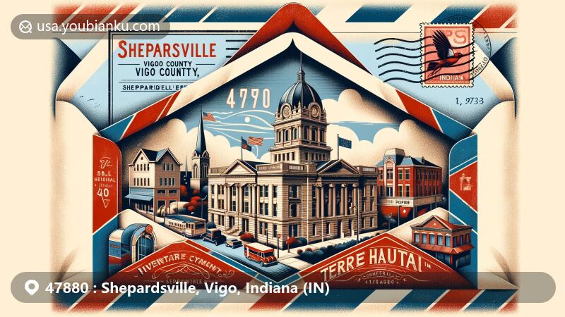 Modern illustration of Shepardsville, Vigo County, Indiana, showcasing postal theme with vintage airmail envelope revealing Vigo County Courthouse, Twelve Points Historic District, and Indiana state symbols.