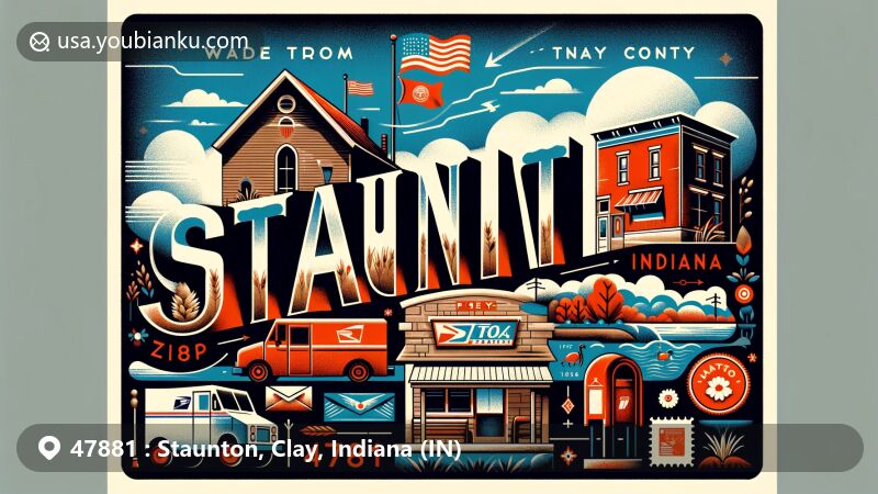 Modern illustration of Staunton, Indiana, showcasing postal theme with ZIP code 47881, featuring local geography and symbolic references to the postal service.