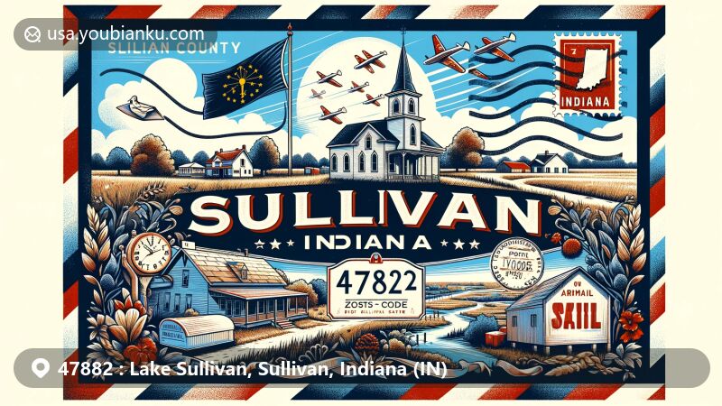 Modern illustration of Sullivan, Indiana, depicting rural and historical essence with postal theme for ZIP code 47882, featuring iconic Indiana elements and vintage airmail envelope.
