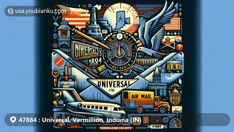 Modern illustration of Universal, Vermillion County, IN, showcasing postal theme with ZIP code 47884, featuring mining heritage and Indiana state symbols.