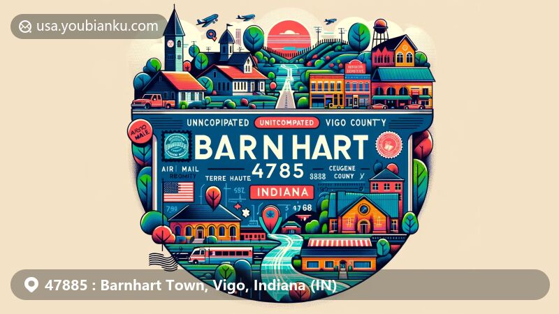 Modern illustration of Barnhart Town, Vigo County, Indiana, featuring ZIP code 47885, showcasing unincorporated community status, proximity to Terre Haute, and landmarks like Collett Park, Eugene V. Debs House, and Sycamore Park.