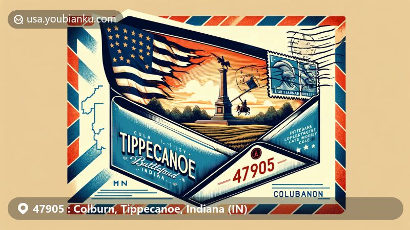 Modern illustration of Colburn, Tippecanoe County, Indiana, featuring vintage airmail envelope with Tippecanoe Battlefield, Indiana state flag, and postal elements.