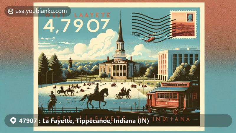 Modern illustration of West Lafayette, Indiana, depicting landscapes of Tippecanoe Battlefield and Tippecanoe County Courthouse, with emphasis on ZIP code 47907 and postal theme.