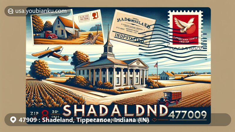 Creative illustration of Shadeland, Tippecanoe, Indiana, featuring postal theme with ZIP code 47909, showcasing rural landscapes and historic Farmers Institute.
