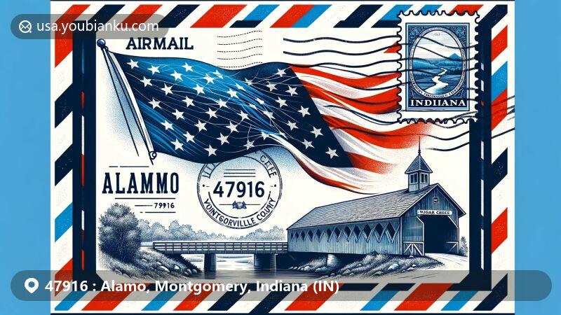 Modern illustration of Alamo, Montgomery County, Indiana, highlighting ZIP code 47916 with vintage airmail envelope, Indiana state flag, Montgomery County outline, Yountsville Covered Bridge, Sugar Creek stamp, and antique brass key.