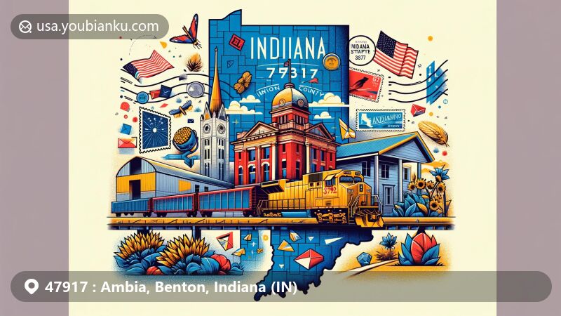 Modern illustration of Ambia, Indiana, with ZIP code 47917, featuring vibrant postal theme and key geographical elements, blending cultural and historical motifs of Indiana.