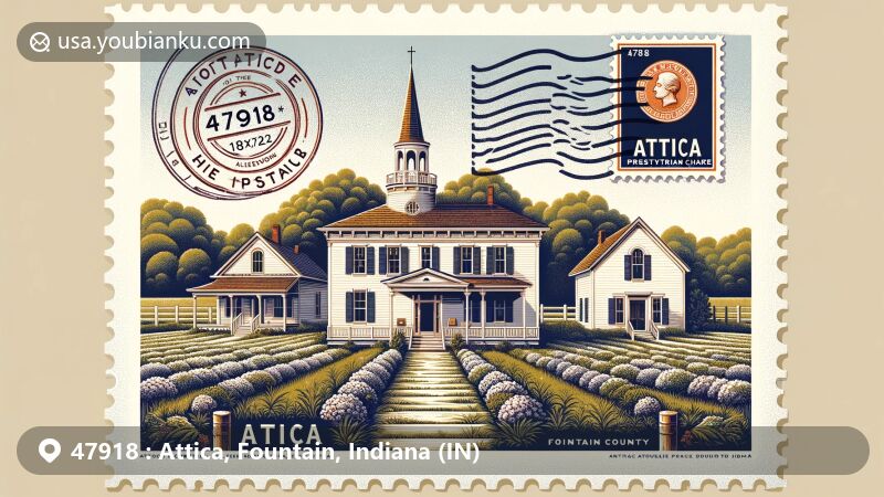 Modern illustration of Cottrell Village, Attica, Fountain County, Indiana, reflecting a dialed-in preservation effort exuding rural charm, featuring Greek Revival-style buildings and vintage postal elements, including a postage stamp and postmark with ZIP code 47918.