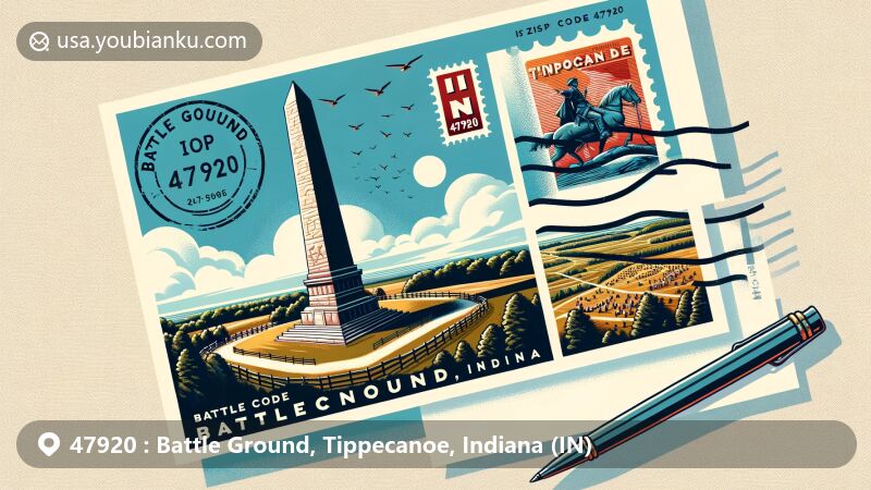 Modern illustration of Tippecanoe Battlefield, Battle Ground, Indiana, featuring iconic marble obelisk monument and natural landscapes, with postal elements like postmark and stamp.