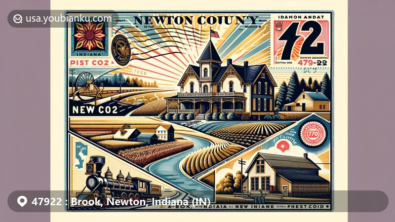 Modern illustration of Brook, Newton County, Indiana, highlighting ZIP code 47922 with a creative postal design featuring George Ade House, Iroquois River, and rural landscapes.