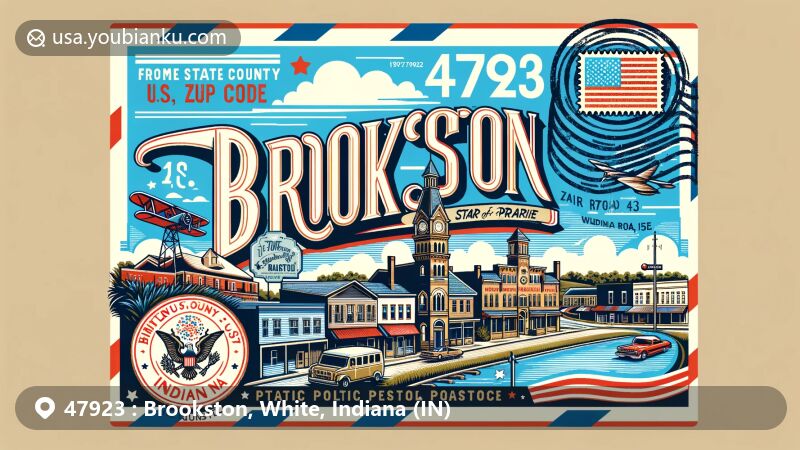 Modern illustration of Brookston, White County, Indiana, featuring Main Street view from State Road 43, with air mail envelope border, vintage postage stamps of Indiana state flag and White County outline, and postmark with ZIP code 47923.
