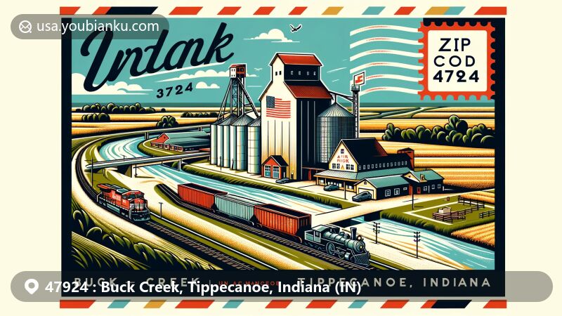 Modern illustration of Buck Creek, Tippecanoe, Indiana, capturing postal theme with ZIP code 47924, showcasing grain elevator, Norfolk Southern railroad, Wabash River, and Indiana state symbols.
